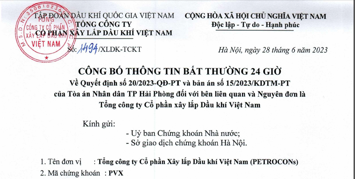 PVX CBTT Bất thường 24 giờ Về Quyết định số 20/2023-QĐ-PT và bản án số 15/2023/KDTM-PT của Tòa án Nhân dân TP Hải Phòng đối với bên liên quan và Nguyên đơn là Tổng công ty Cổ phần Xây lắp Dầu khí Việt Nam